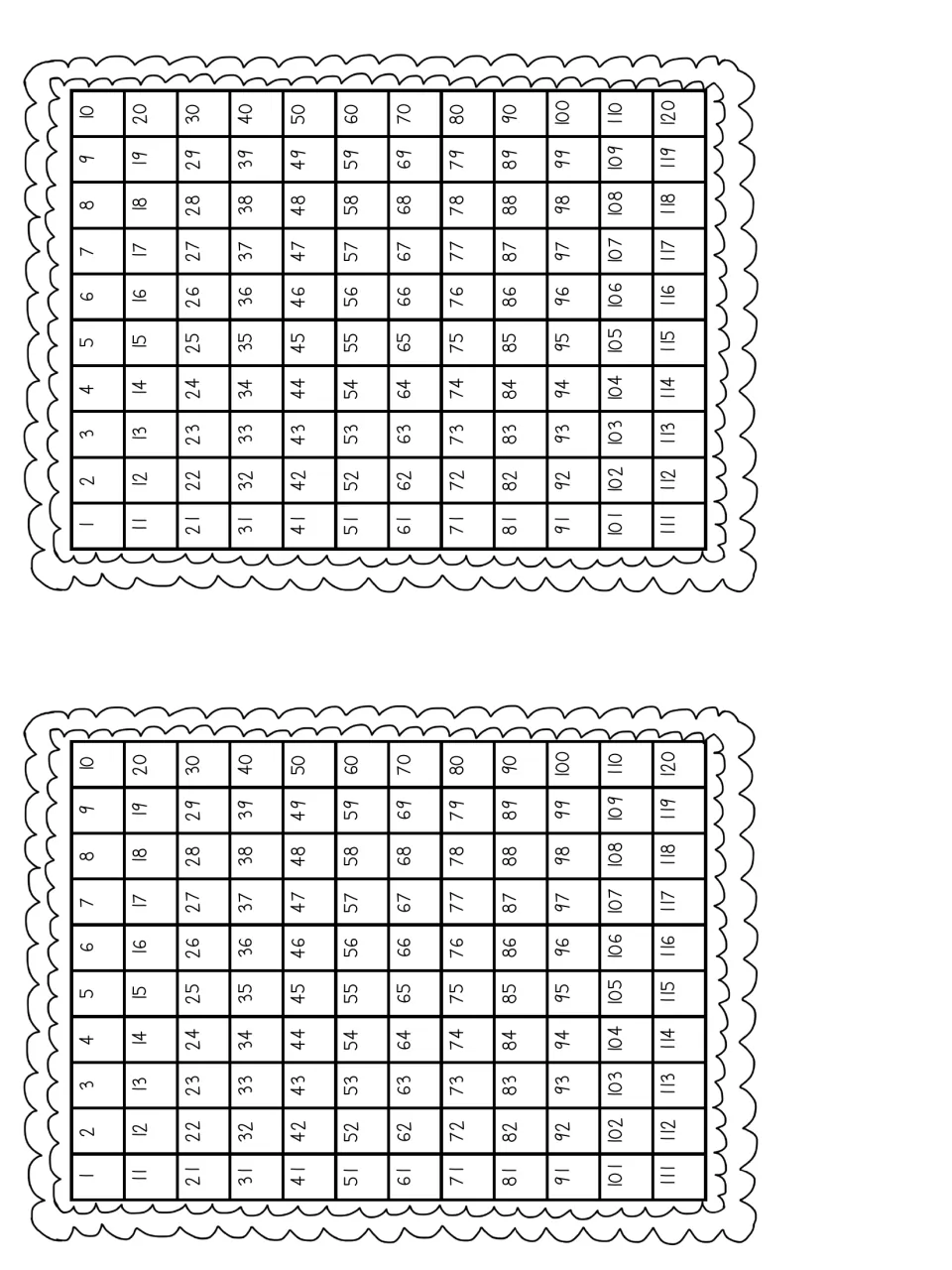 Math tool kit number chart sheet containing two identical copies, each showing every number from 1 to 120