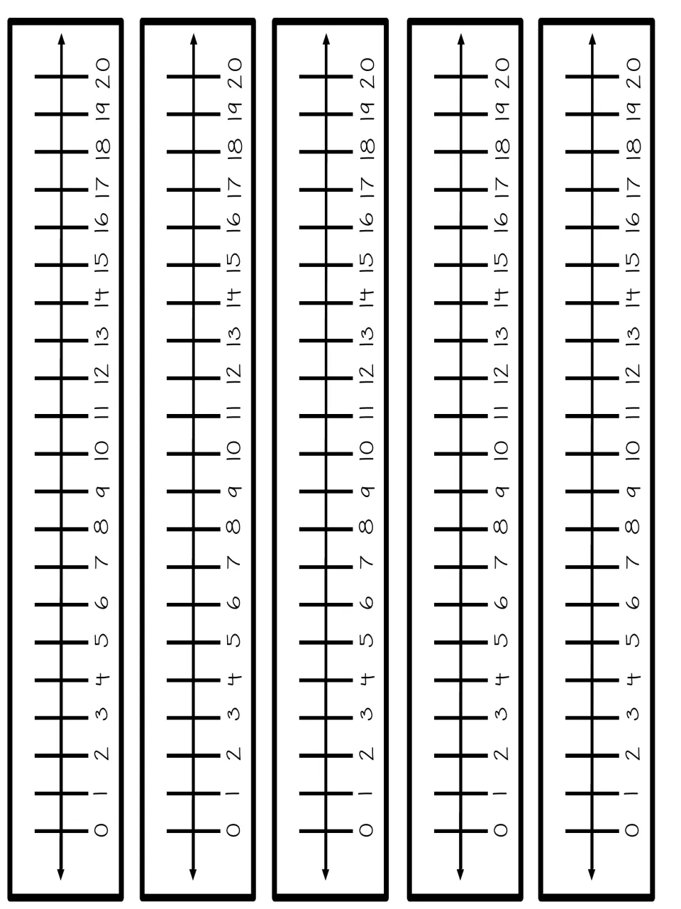 Math tool kit number line sheet containing five identical copies, each labeled with numbers from 0 to 20