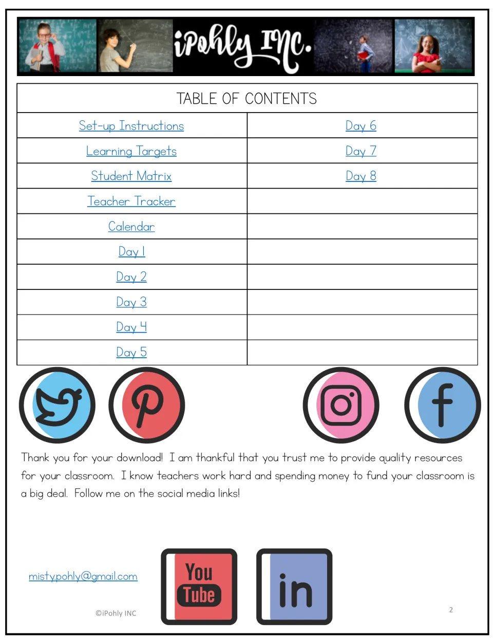 Unit table of contents lists setup instructions, learning targets, student matrix, teacher tracker, and days 1–8
