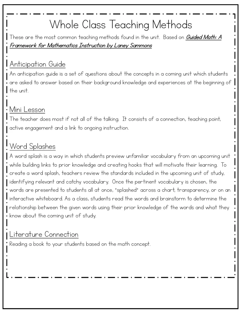 Teaching methods guide explains anticipation guides, mini lessons, word splashes, and literature connections