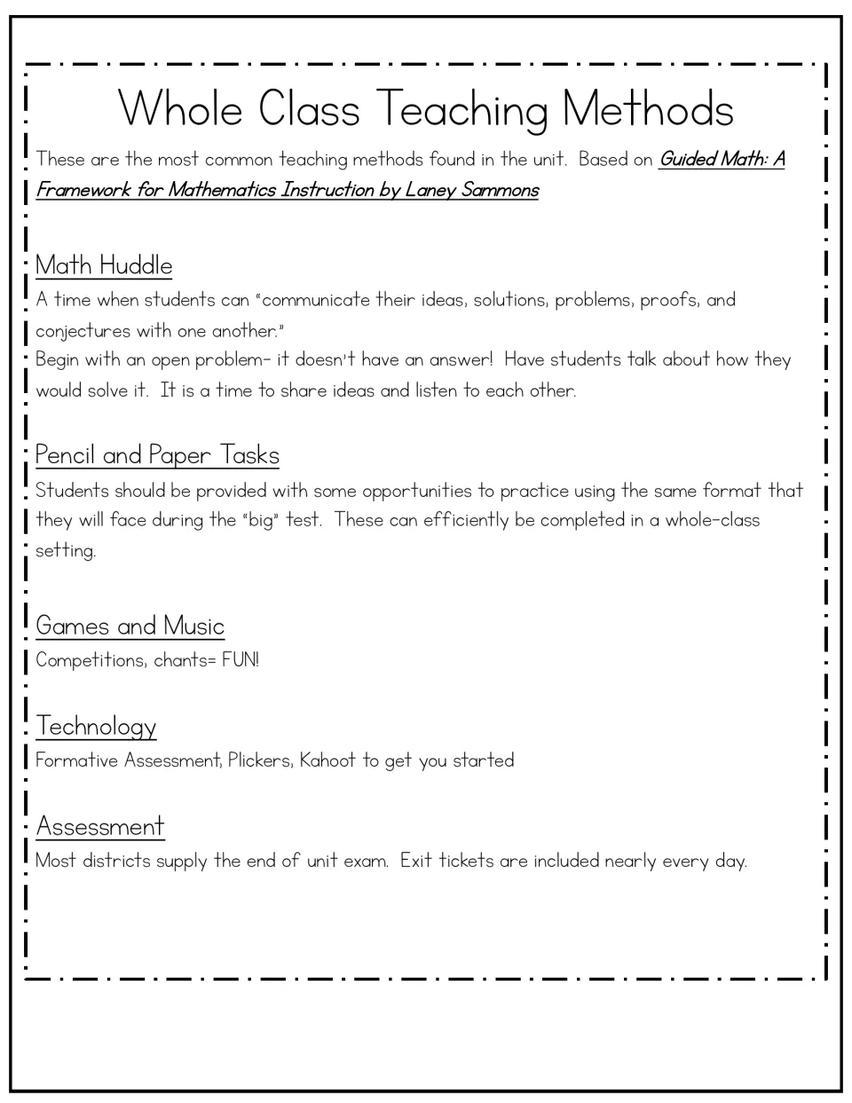 Teaching methods guide covers math huddles, pencil-and-paper tasks, games, music, technology, and assessment