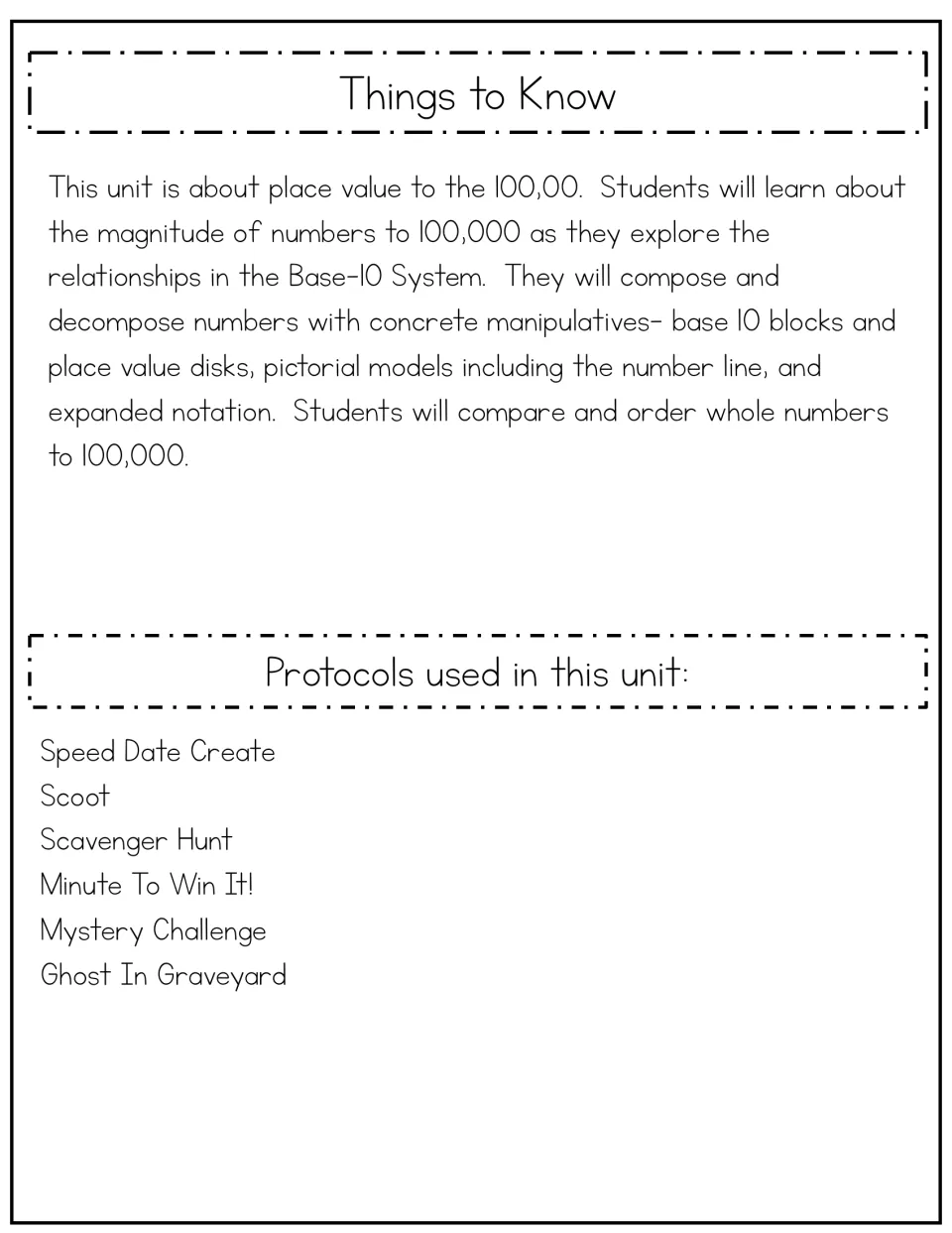 Unit overview explains place value to 100,000 and lists six activity protocols, including Scoot and Scavenger Hunt