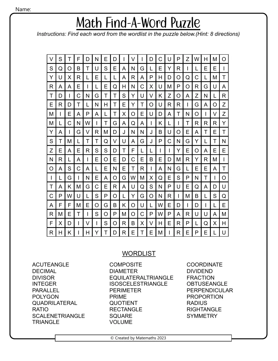Math vocabulary word search: find 29 terms in eight directions, including acute angle, decimal, and divisor