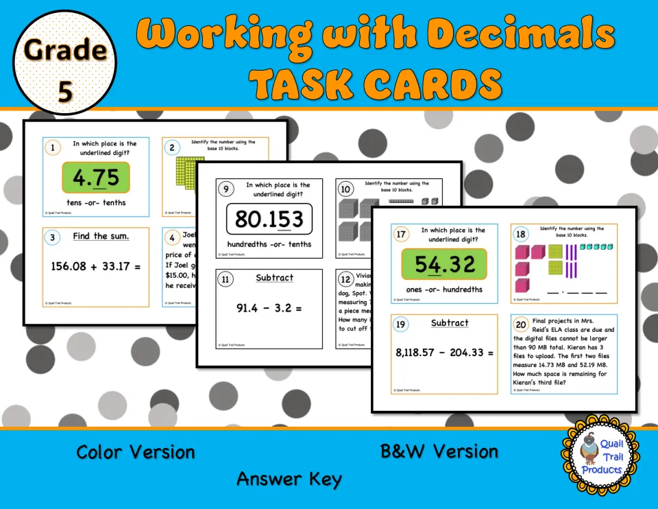 Working with Decimals task cards cover showing sample cards on place value, base 10 blocks, sums and differences