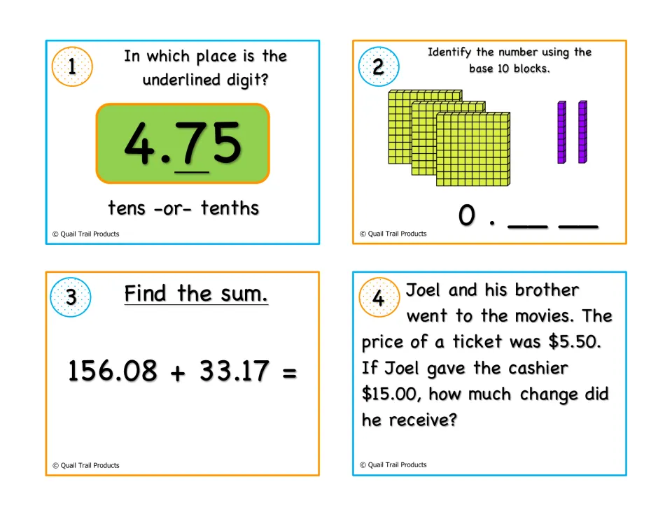 Decimal task cards 1-4: place of the underlined digit in 4.75, base 10 blocks, 156.08 + 33.17 and a movie change problem