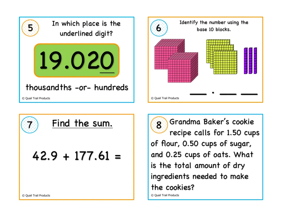 Decimal task cards 5-8: place of the underlined digit in 19.020, base 10 blocks, 42.9 + 177.61 and a cookie recipe sum