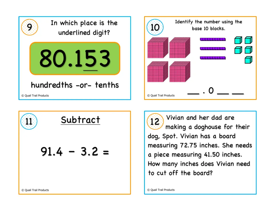 Decimal task cards 9-12: place value in 80.153, base 10 blocks, subtract 91.4 - 3.2 and a board-cutting word problem