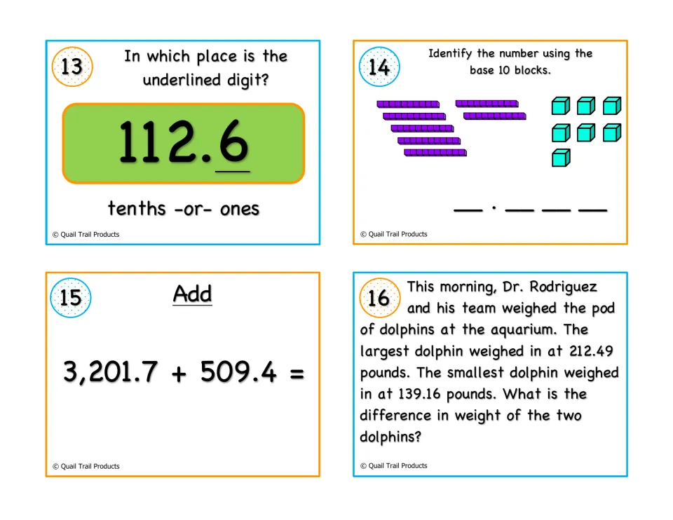 Decimal task cards 13-16: place value in 112.6, base 10 blocks, add 3,201.7 + 509.4 and a dolphin weight difference