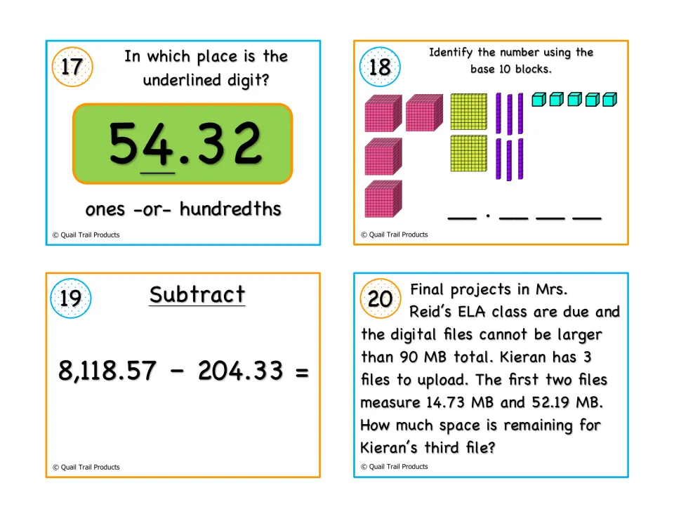 Decimal task cards 17-20: place value in 54.32, base 10 blocks, subtract 8,118.57 - 204.33 and a file-size problem