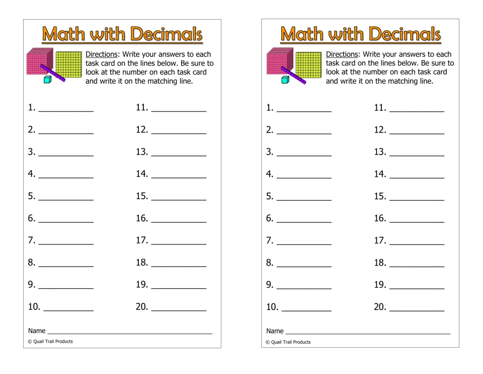 Decimal task card answer sheet: students write answers to cards 1-20 on numbered lines and add their name, two per page