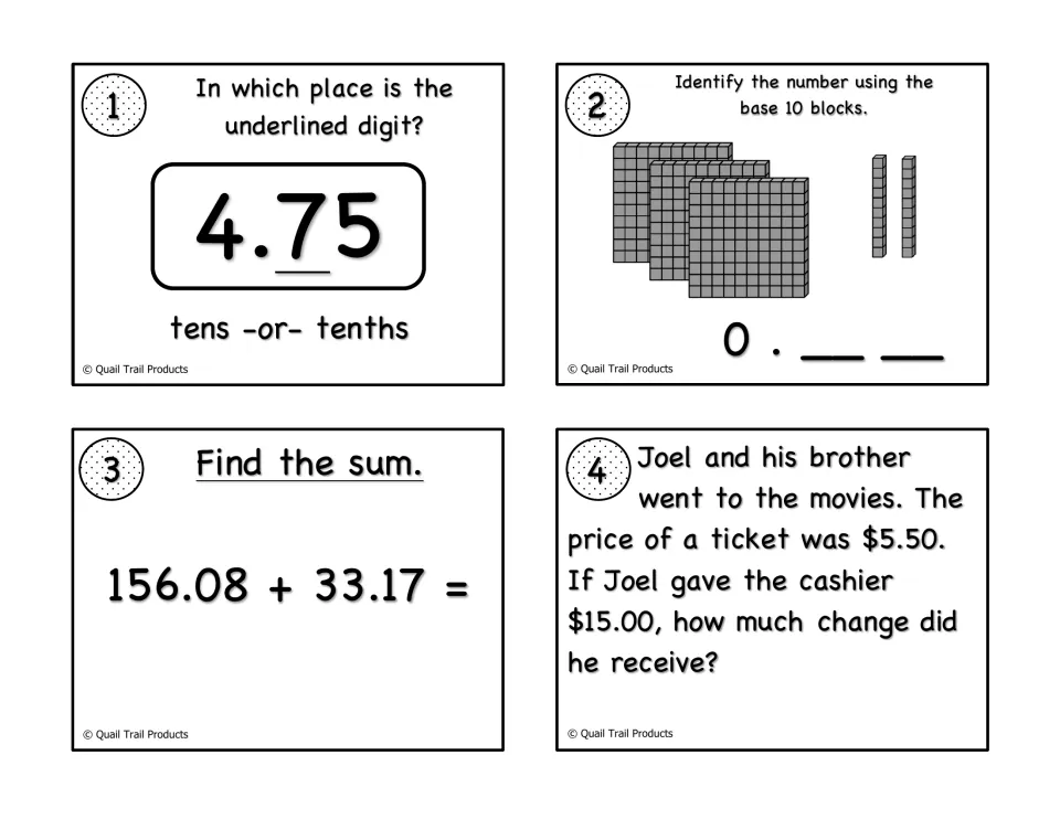 B&W task cards 1-4: place of underlined digit in 4.75, base 10 blocks, 156.08 + 33.17 and a movie change problem