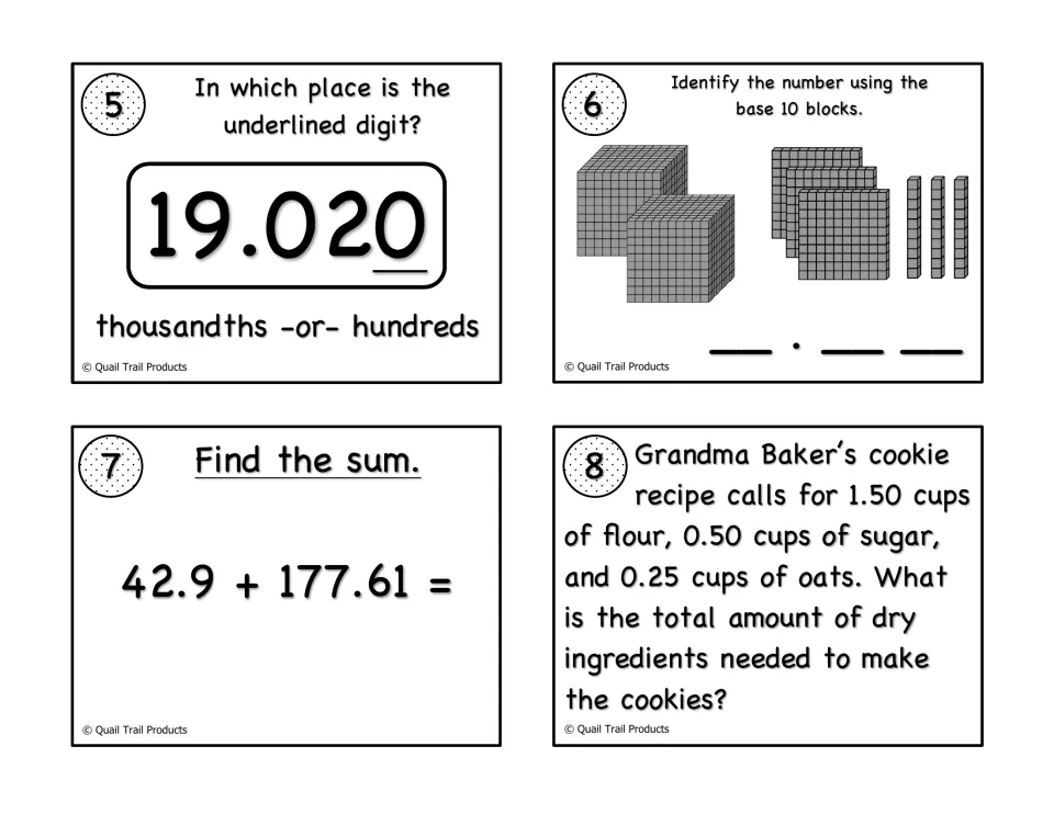B&W task cards 5-8: place value in 19.020, base 10 blocks, 42.9 + 177.61 and Grandma Baker's dry ingredients