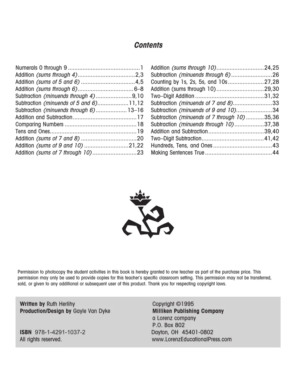 Contents listing pages 1 to 44: numerals, addition and subtraction facts, tens and ones, counting by 1s, 2s, 5s and 10s