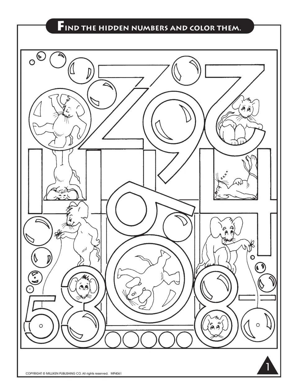 Numerals 0 through 9: students find the hidden numbers in a scene of mice and bubbles and color them to recognize digits