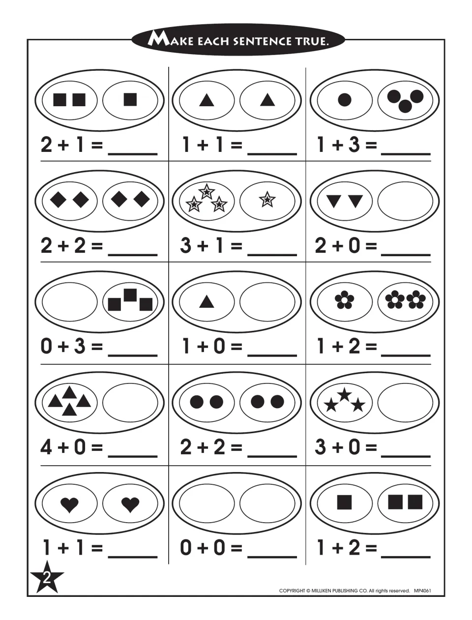 Picture addition with sums through 4: students count two groups of shapes and complete 15 sentences like 2 + 1 = __