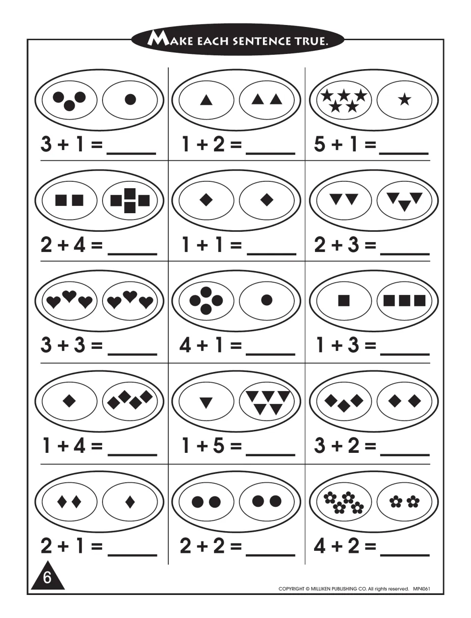 Picture addition with sums through 6: students count shape groups like stars, hearts and flowers to complete 15 sentences
