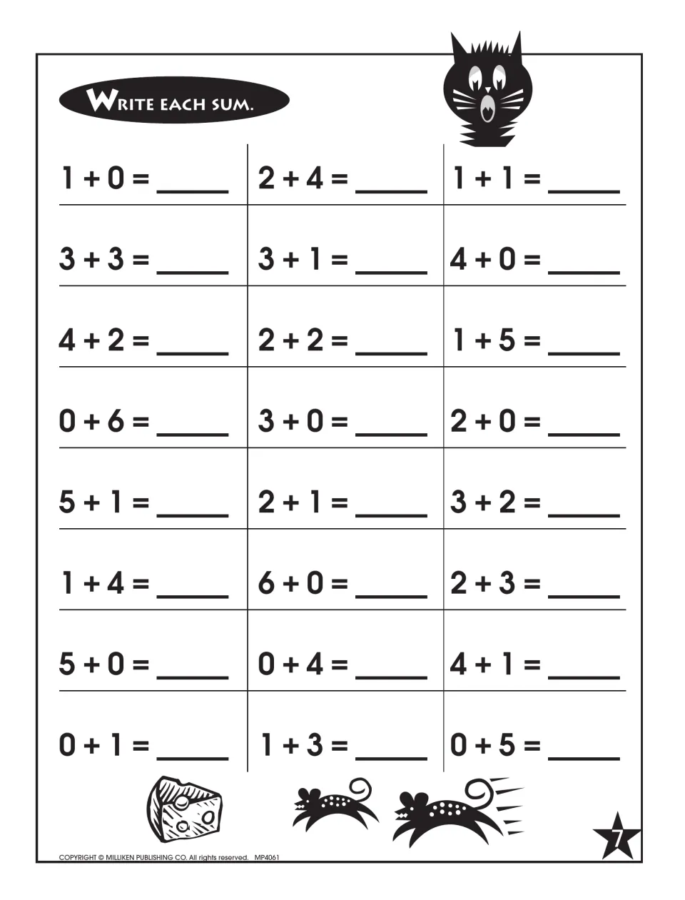 Addition facts with sums through 6: students write the sum for 24 horizontal problems such as 2 + 4, 0 + 6 and 5 + 1