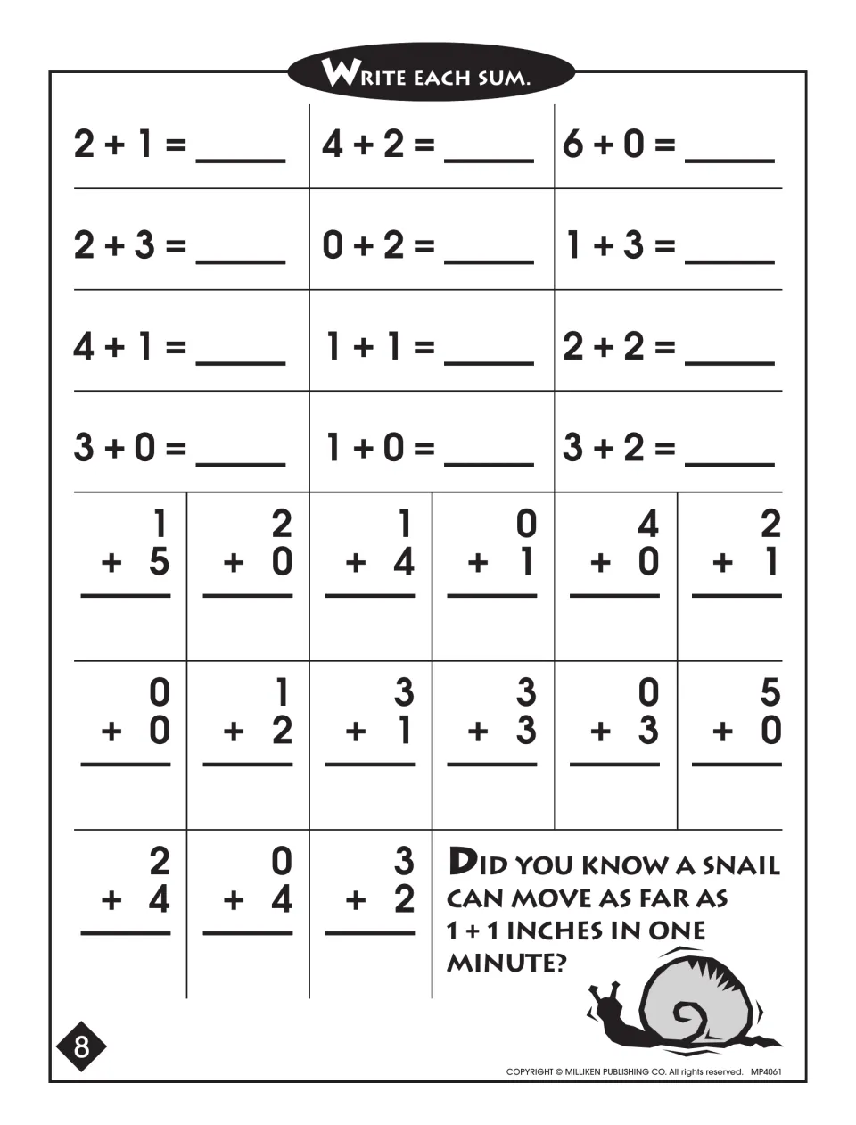 Addition facts with sums through 6: students write each sum in 27 problems, then add 1 + 1 to finish a snail fun fact