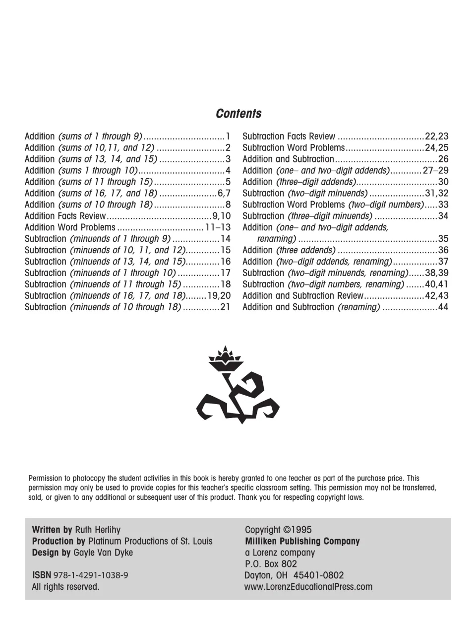 Contents listing addition and subtraction practice: facts to 18, word problems, three-digit numbers and renaming