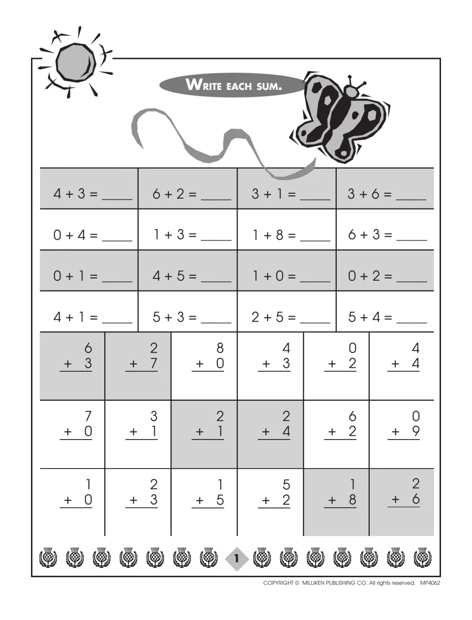 Addition facts with sums 1 through 9: students write each sum for 34 problems such as 4 + 3, 6 + 2 and 1 + 8
