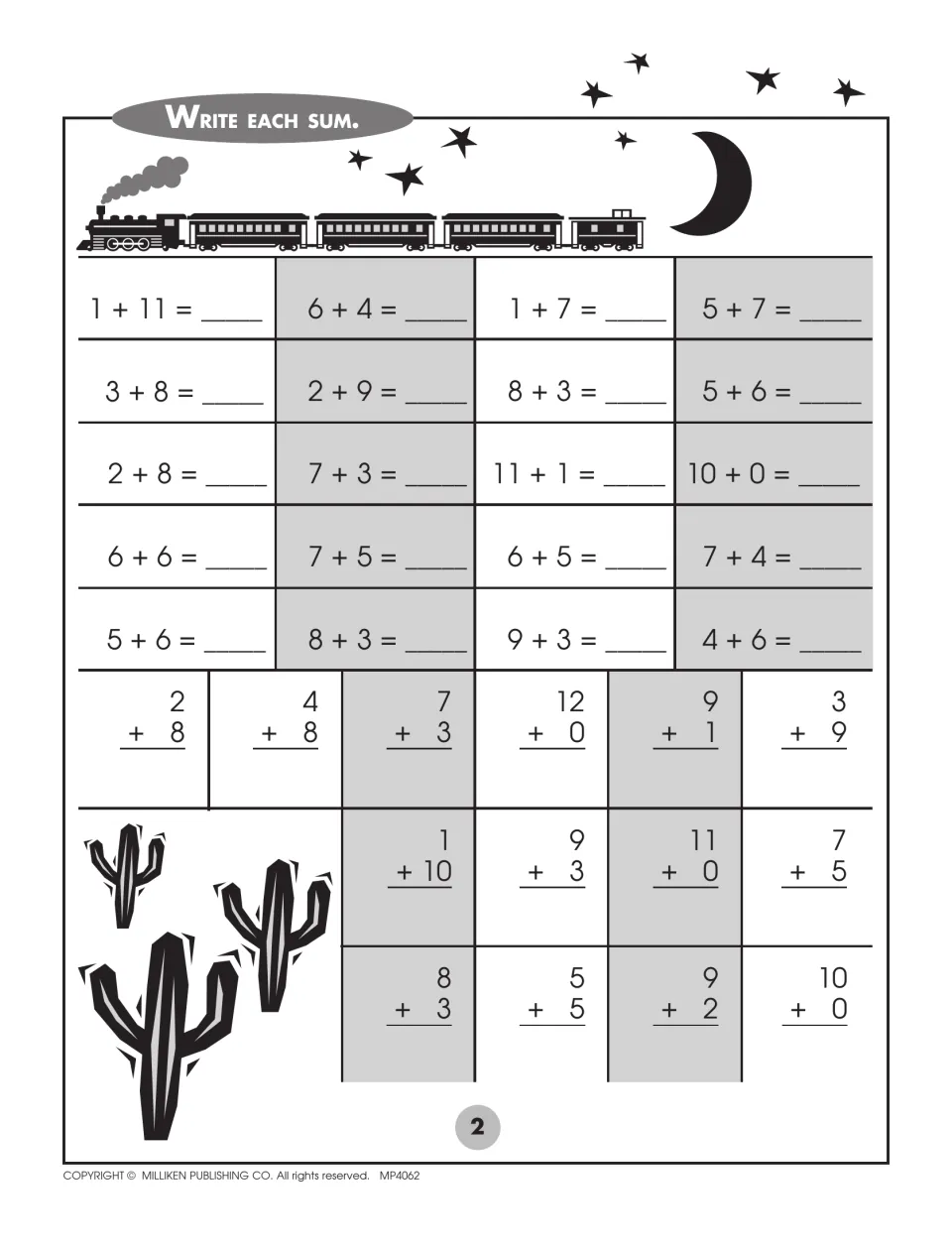 Addition facts with sums of 10, 11 and 12: students write each sum for 34 problems like 5 + 7, 9 + 3 and 1 + 10