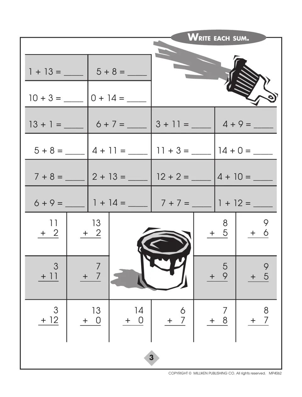 Addition facts with sums of 13, 14 and 15: students write each sum in 34 problems such as 6 + 7, 4 + 9 and 7 + 8