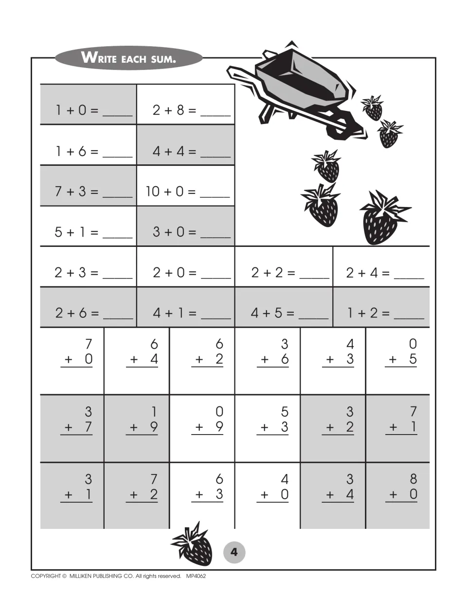 Addition facts with sums 1 through 10: students find each sum in 34 problems including 2 + 8, 7 + 3 and 10 + 0