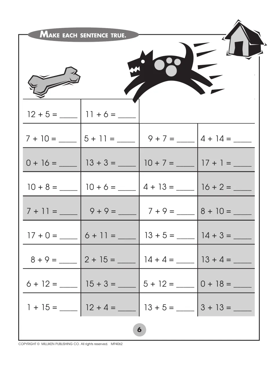 Make each sentence true: students complete 34 addition equations with sums of 16, 17 and 18, like 9 + 9 and 12 + 5