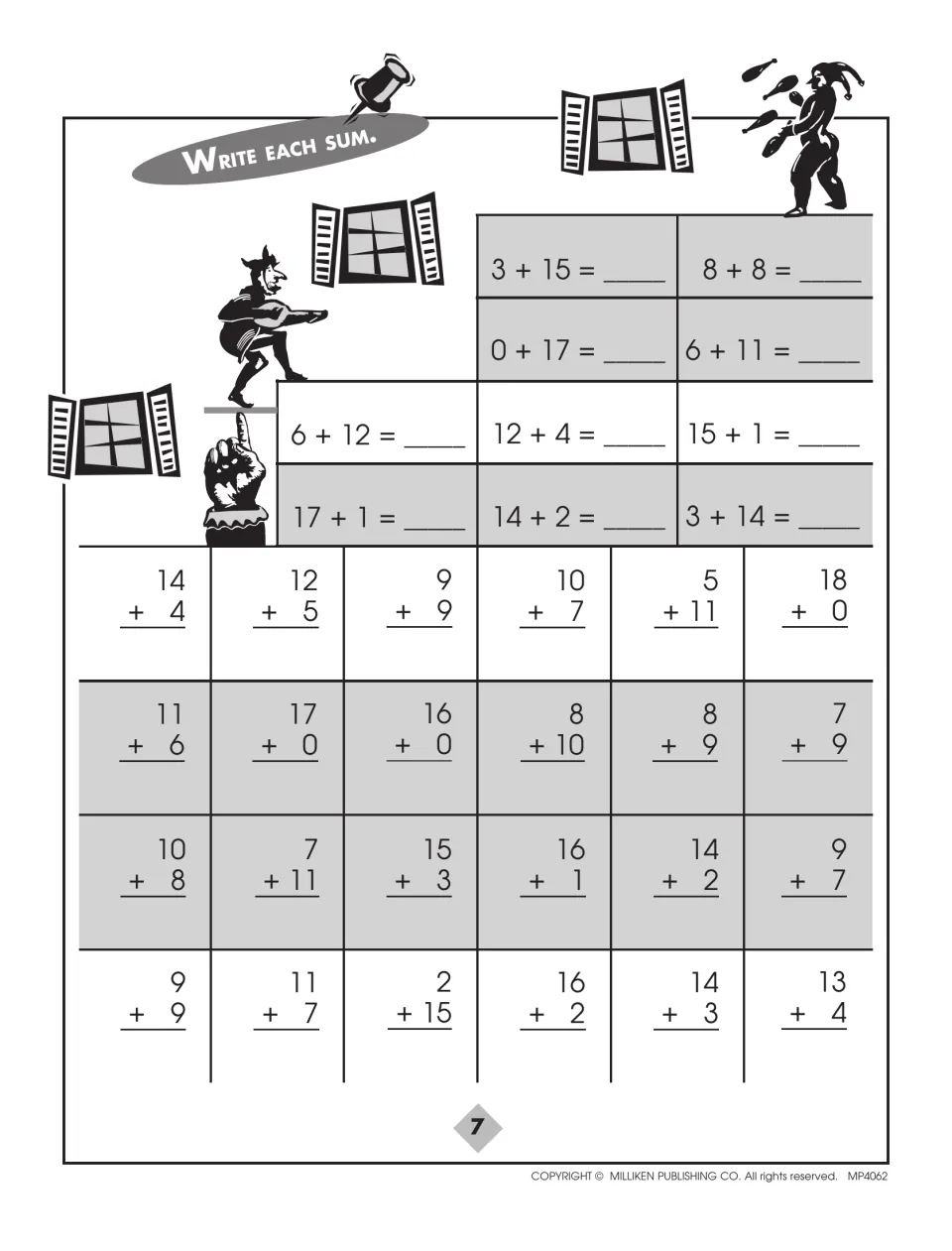 Addition to 18: students write each sum for 34 horizontal and vertical facts such as 8 + 8, 3 + 15 and 14 + 4