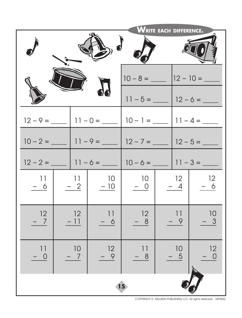 Subtraction facts with minuends of 10, 11 and 12: students write each difference for 34 problems such as 12 - 7