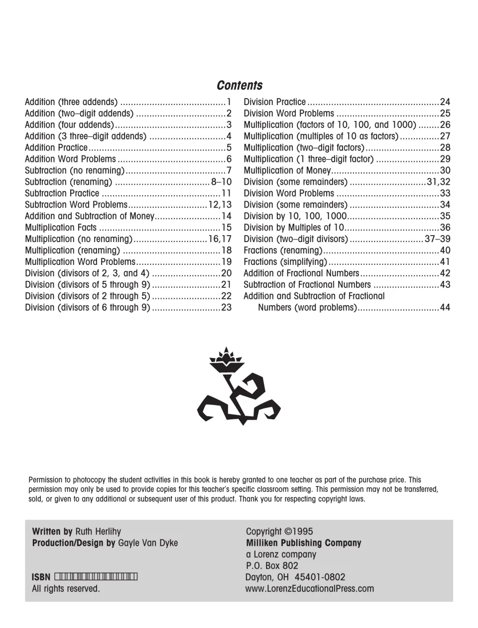Table of contents listing addition, subtraction, multiplication, division and fraction pages 1 to 44, with copy permission