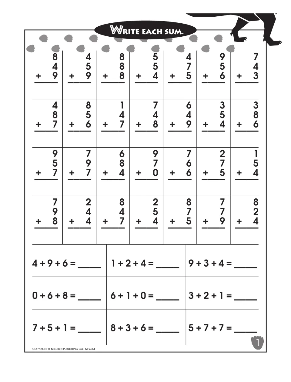 Adding three addends: students write the sum of 28 vertical single-digit problems and 9 horizontal equations like 4+9+6