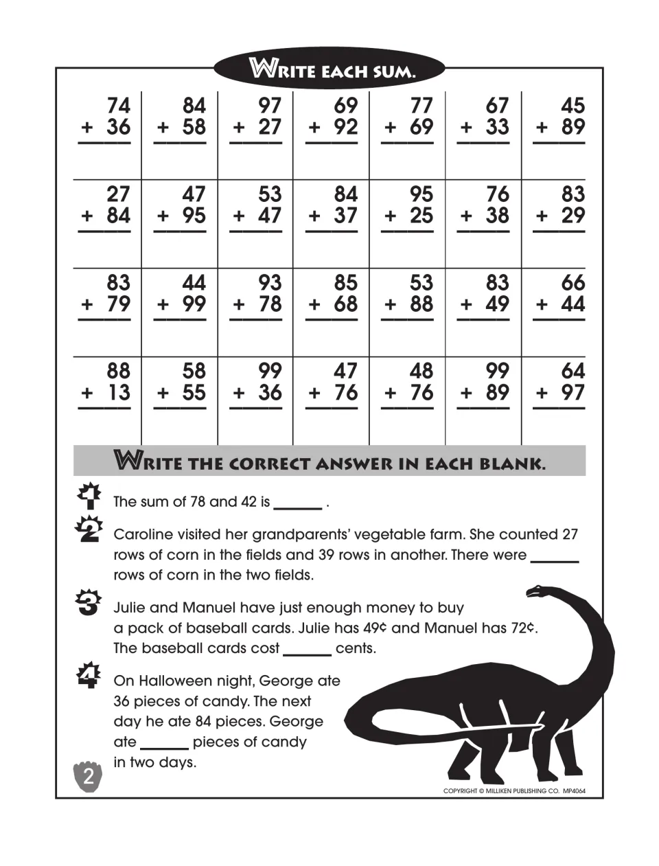 Two-digit addition with regrouping: students find 28 sums like 74 + 36, then solve 4 word problems on corn, cards, candy