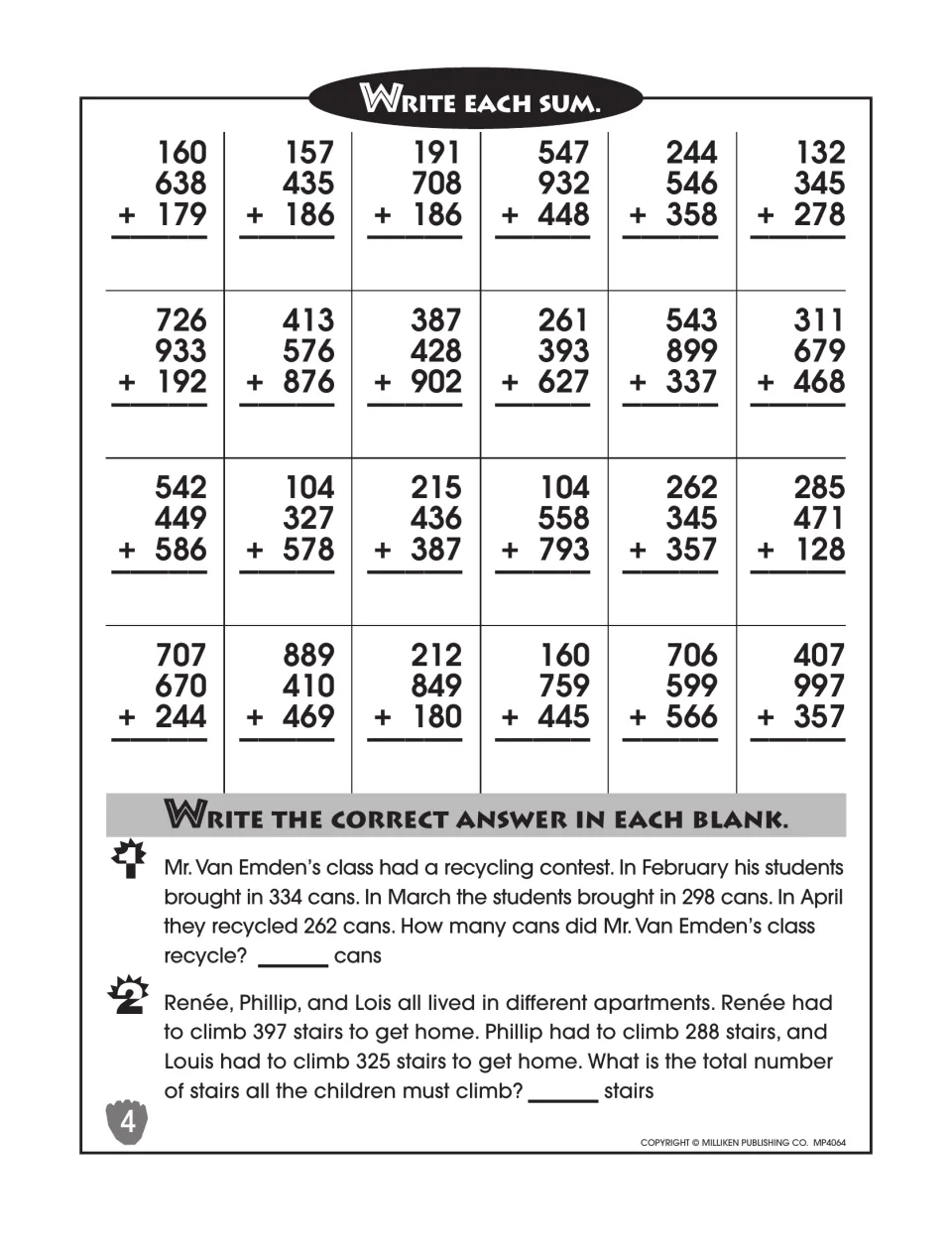 Adding three 3-digit numbers: students find 24 sums like 160 + 638 + 179 and solve word problems on cans and stairs