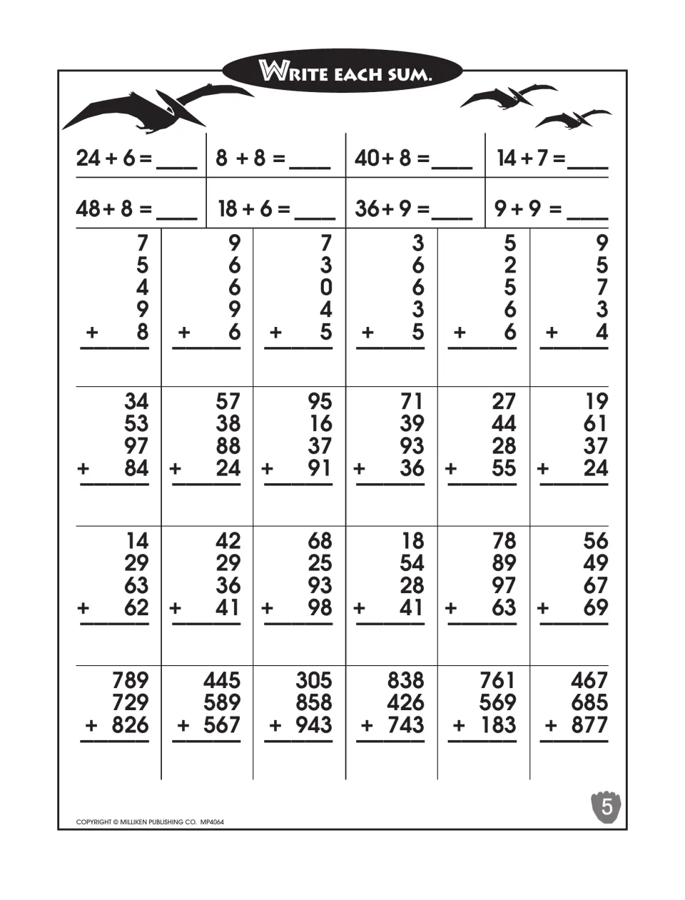 Mixed addition practice: students solve 8 facts like 24 + 6, then add five 1-digit, four 2-digit or three 3-digit numbers