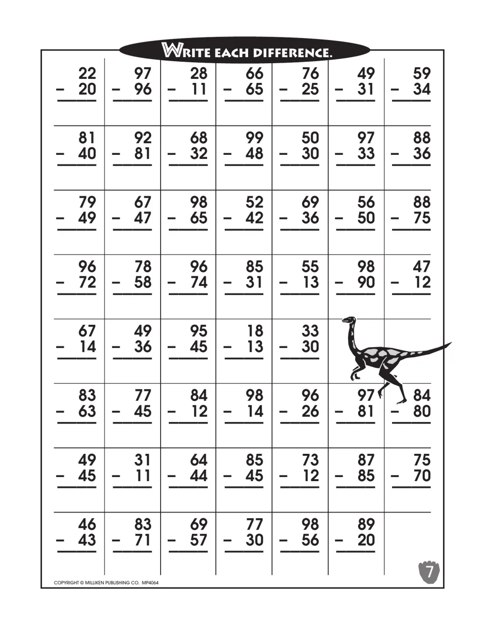 Two-digit subtraction without renaming: students write the difference for 53 problems such as 22 - 20 and 81 - 40