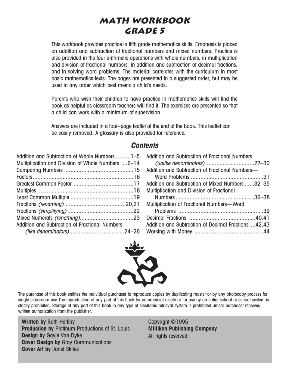 Introduction and contents listing whole-number operations, factors, fractions, mixed numbers, decimals and money pages