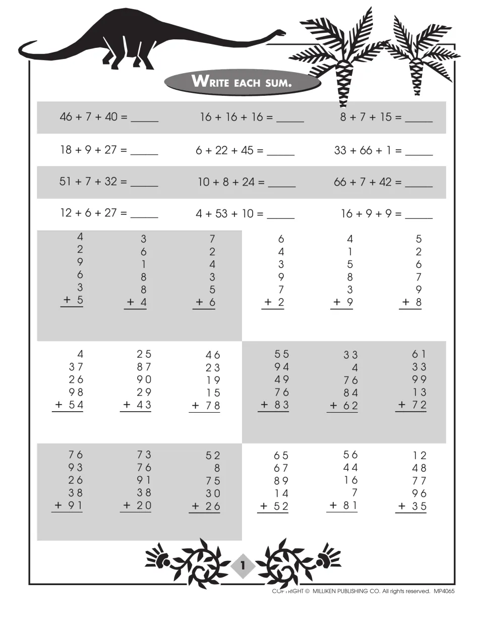 Column and multi-addend addition: students write each sum for three-addend equations and stacks of five or six numbers