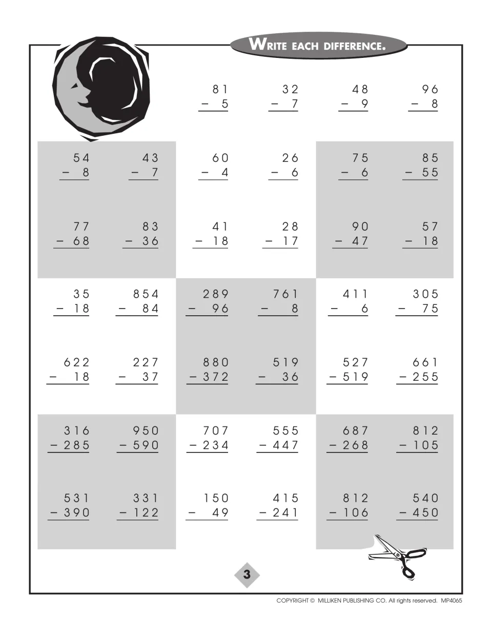Subtraction with regrouping: students write each difference, from 81 - 5 up to three-digit problems like 880 - 372