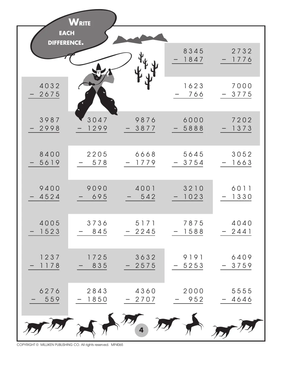 Four-digit subtraction: students write each difference, with problems across zeros like 7000 - 3775 and 6000 - 5888