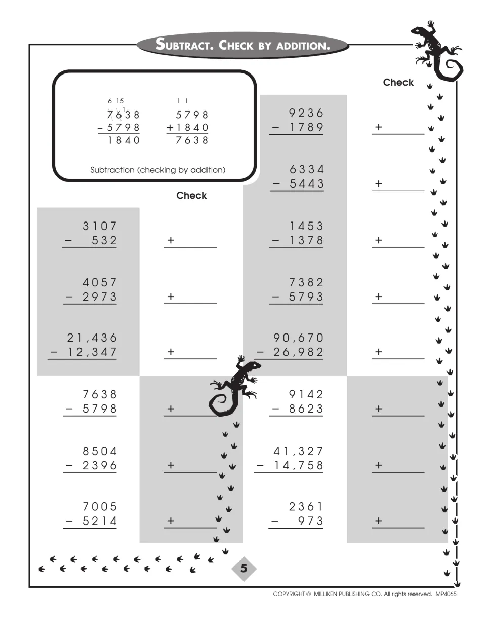Subtract and check by addition: a worked 7638 - 5798 example, then students solve each problem and add to verify it