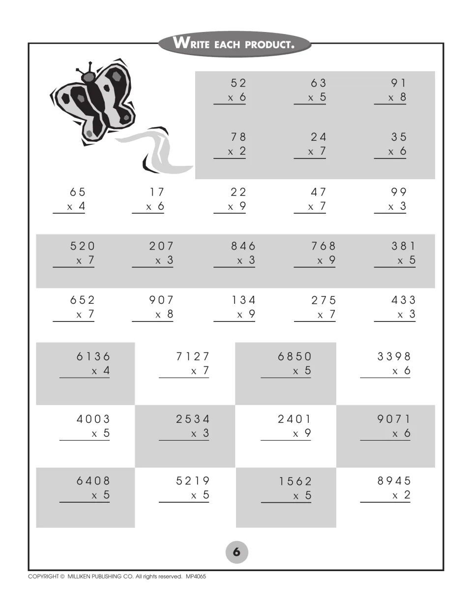Multiplying by one-digit numbers: students write each product, from 52 x 6 to four-digit factors such as 6136 x 4
