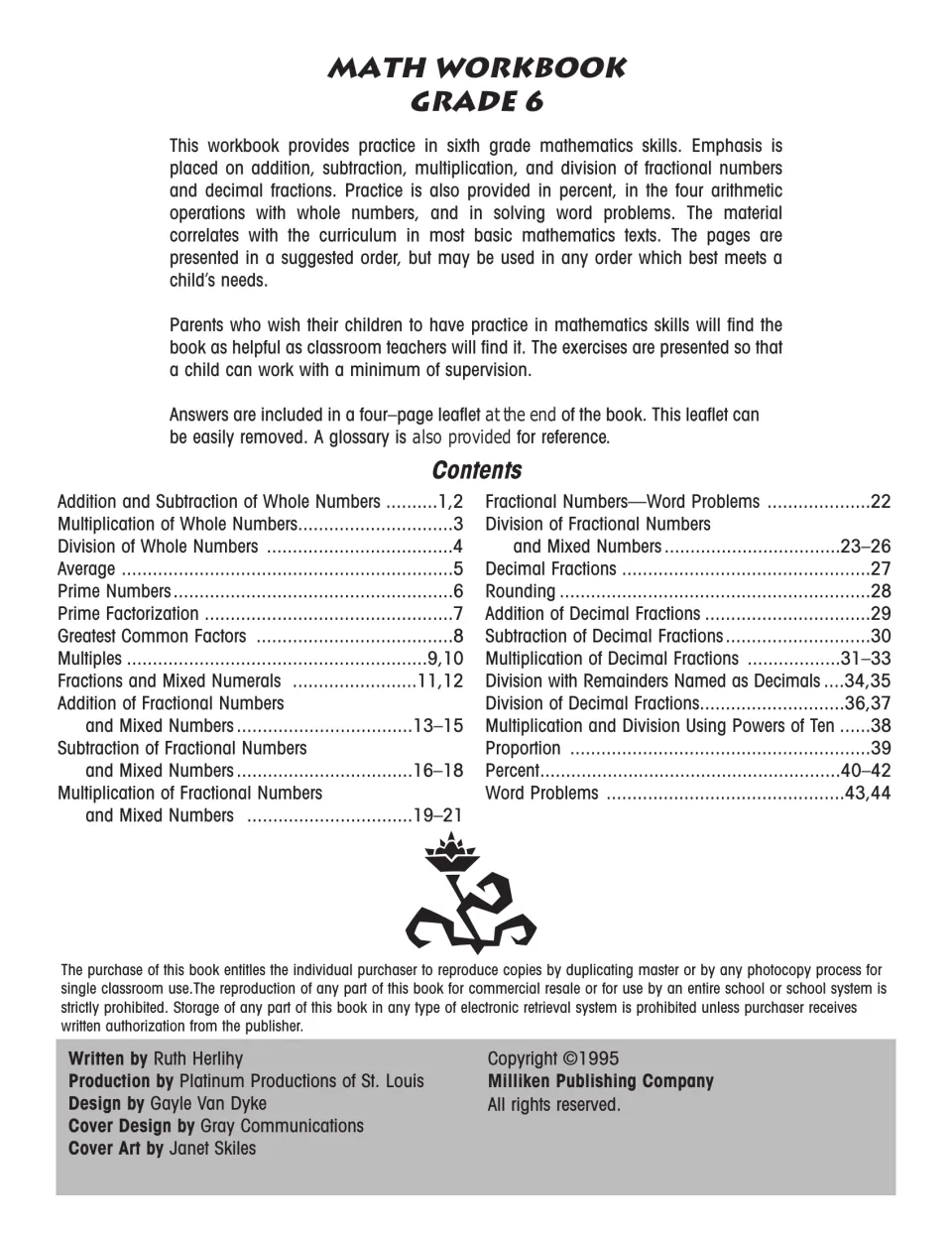 Introduction and contents: whole numbers, fractions, decimals, percent and word problems listed by page, plus credits