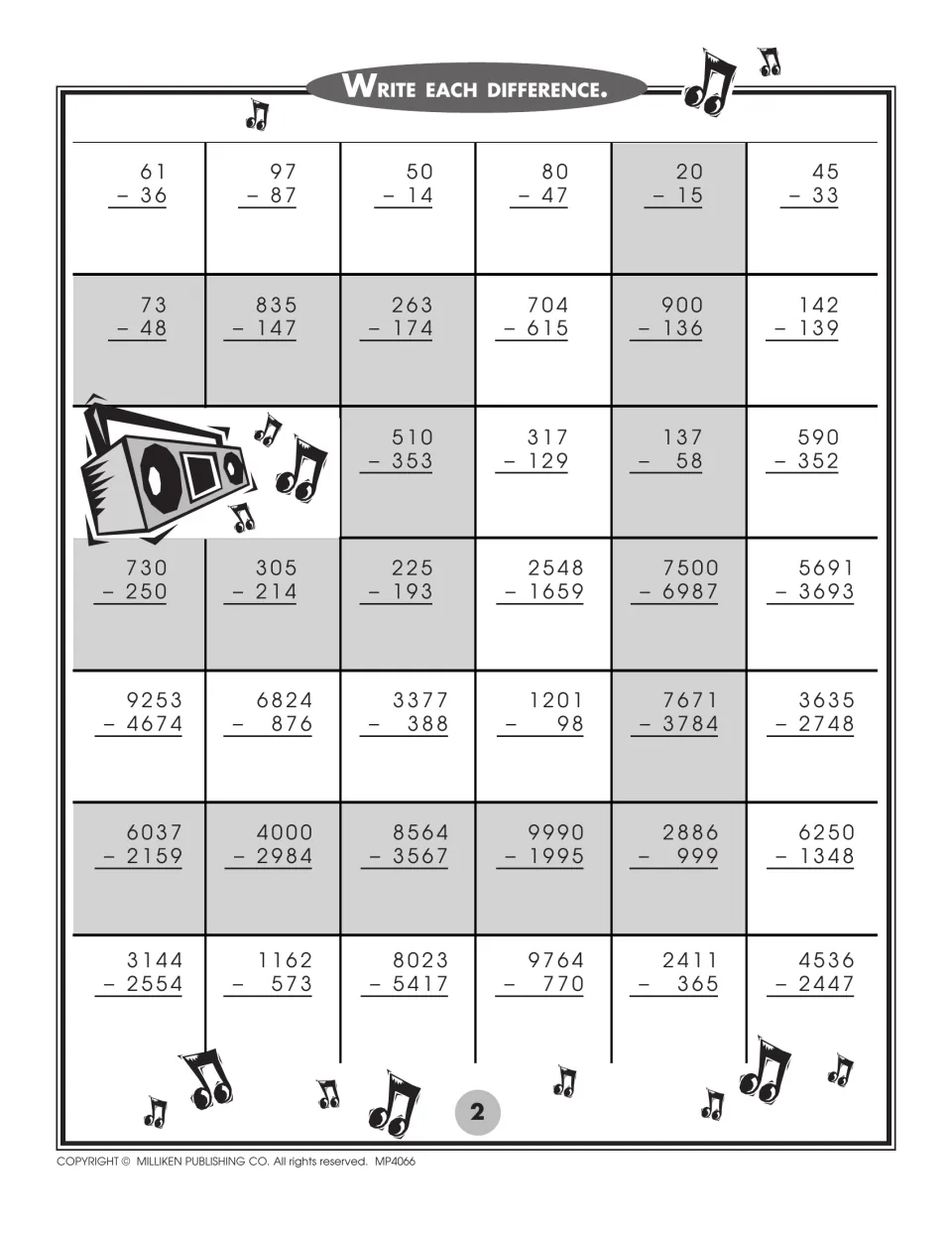 Whole-number subtraction: students write each difference for 40 problems, from 61 - 36 to 4-digit ones like 4000 - 2984