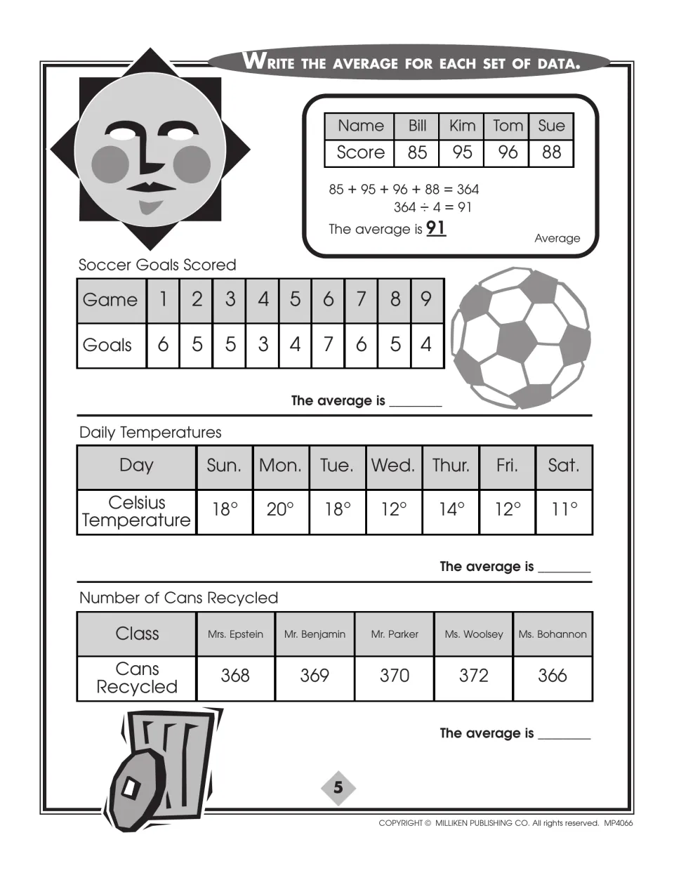 Finding the mean: students write the average of soccer goals, daily Celsius temperatures and cans recycled by each class