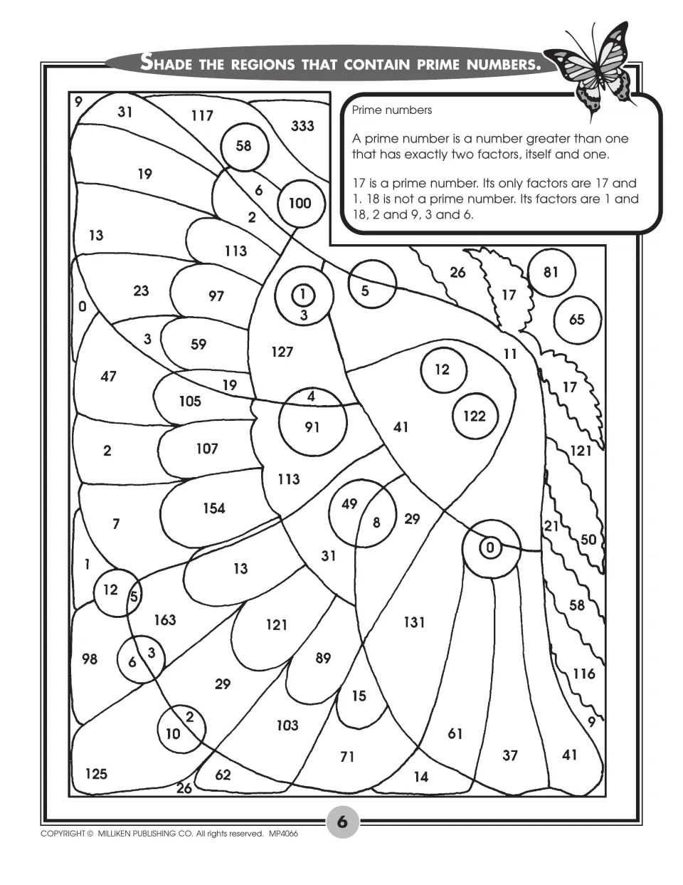 Prime numbers: students shade each numbered region that holds a prime, using a definition and the 17 vs 18 example