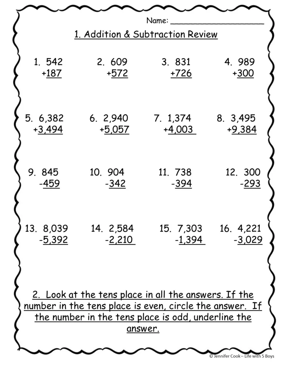 Addition & Subtraction Review: 16 multi-digit problems, then students circle or underline each answer by its tens digit