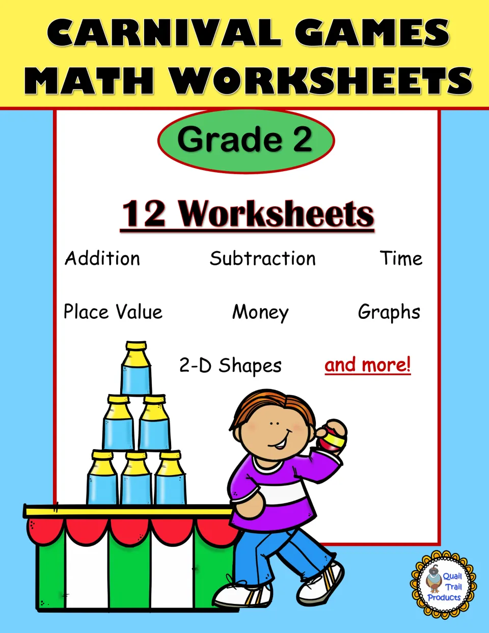 Carnival Games Math Worksheets cover: 12 worksheets on addition, subtraction, time, place value, money, graphs and 2-D shapes