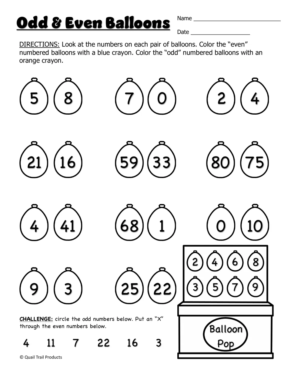 Odd & Even Balloons: students color even-numbered balloons blue and odd ones orange, then circle odd numbers in a challenge