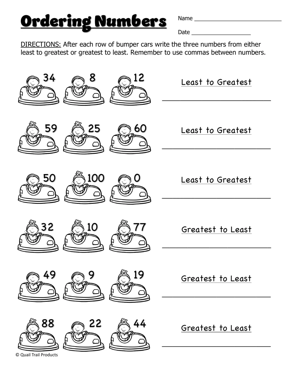 Ordering Numbers: students write three bumper-car numbers from least to greatest or greatest to least, using commas